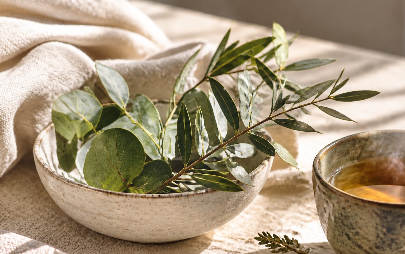 Soft botanicals, linen and morning light