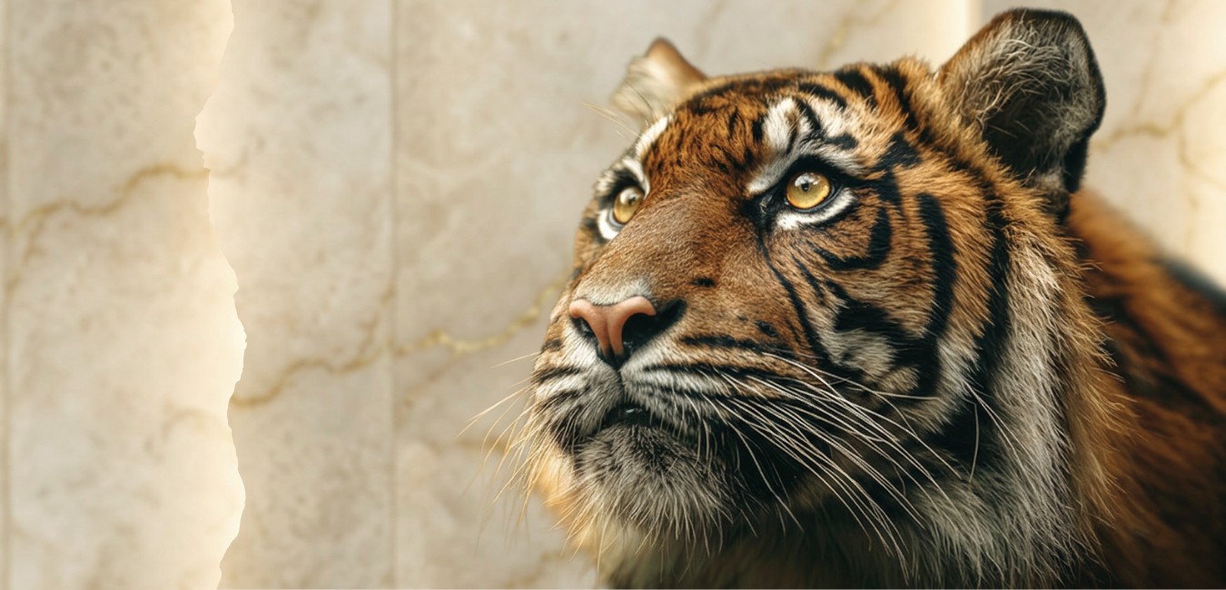 A tiger glancing up, representing seeking the light, a symbolism of wildling wellness homeopathy - helping to find the light within.