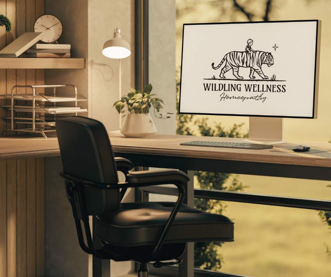 The professional branded logo of the homeopathy practice "wildling Wellness Homeopathy". The logo is a child on a tiger's back, seeking the light from the guiding north star.