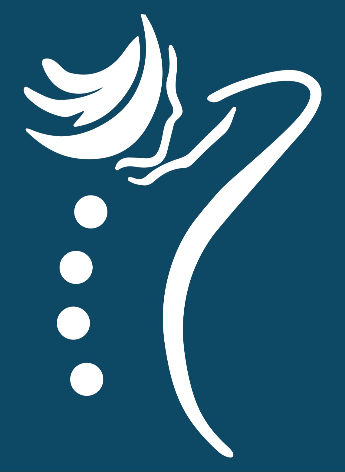 Focus On Movement Logo design - a lady silhouette in white showing her shoulder-length hair down and swishing backwards on a dark deep blue background, showing her side-profile of her face turned to the right side, whilst getting a massage with her right arm raised that is sitting around her head region, with her spine flexing with 4 hot stones placed along the spine in a curve.