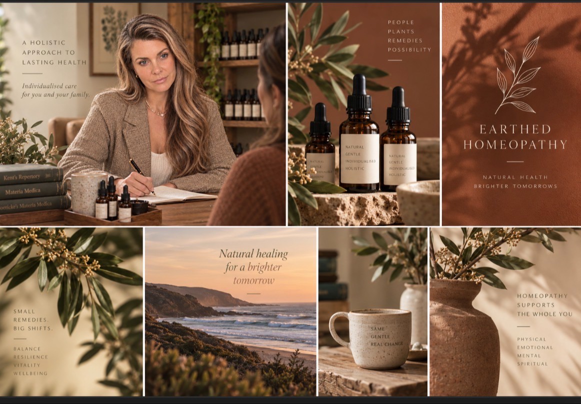 Emma Higgins, homeopath wearing a cream dress with knit cardigan, sitting across from a client at a timber desk in a calm enviornment with plants, tea, and homeopathic remedies.