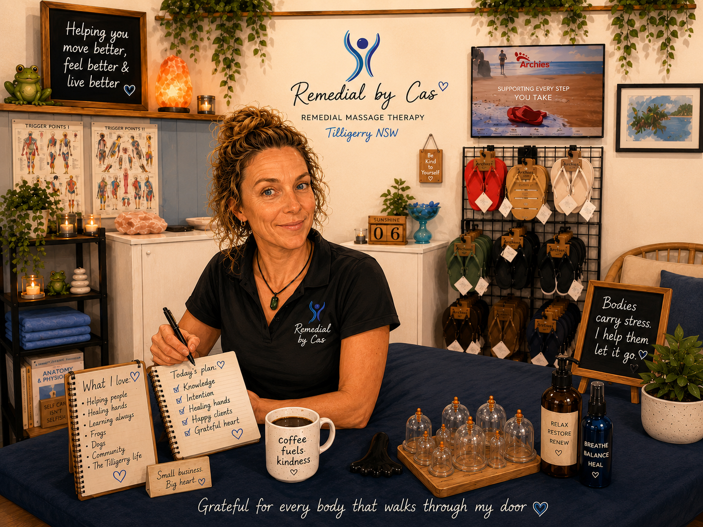 The image shows a warm, welcoming remedial massage clinic filled with personality, natural colours and thoughtful details.
At the centre is a smiling woman with curly, light brown hair loosely tied up in a messy bun. She is wearing a black scrub shirt embroidered with the blue Remedial by Cas logo and a green pendant necklace. She sits behind a navy-blue massage table, holding a pen and writing in a notebook. Her relaxed expression gives a sense of kindness, confidence and approachability.
Behind her, the cream-coloured wall proudly displays the words “Remedial by Cas – Remedial Massage Therapy – Tilligerry NSW”, accompanied by a blue figure-shaped logo. Green trailing plants hang from wooden shelves above, creating a calming, natural atmosphere.
The clinic is decorated with anatomical trigger point charts, softly glowing candles, a Himalayan salt lamp, neatly folded blue towels and small decorative frogs. A blackboard on the left reads, “Helping you move better, feel better & live better.”
To the right, a display rack holds colourful Archies footwear, with a beach-themed promotional poster hanging above it. Another blackboard reads, “Bodies carry stress. I help them let it go.”
Across the massage table are several items representing the therapist's work and personality. These include a wooden tray of clear massage cupping tools, massage products, a small black massage tool, a potted plant and a coffee mug reading “Coffee fuels kindness.”
Two open notebooks sit prominently on the table. One lists things the therapist loves, including helping people, healing hands, learning, frogs, dogs, community and Tilligerry life. The other contains a daily plan focused on knowledge, intention, healing hands, happy clients and a grateful heart.
A small wooden sign reads “Small business. Big heart.”
Along the bottom of the image, written in elegant white lettering, are the words:
“Grateful for every body that walks through my door.”
The entire scene is illuminated by warm, golden lighting, with a combination of earthy tones, greenery, navy blue and soft cream.
Overall, the image portrays a passionate, caring and down-to-earth remedial massage therapist in a clinic that feels both professional and personal. It communicates a genuine love of helping people, pride in the local community and gratitude for every client who visits.