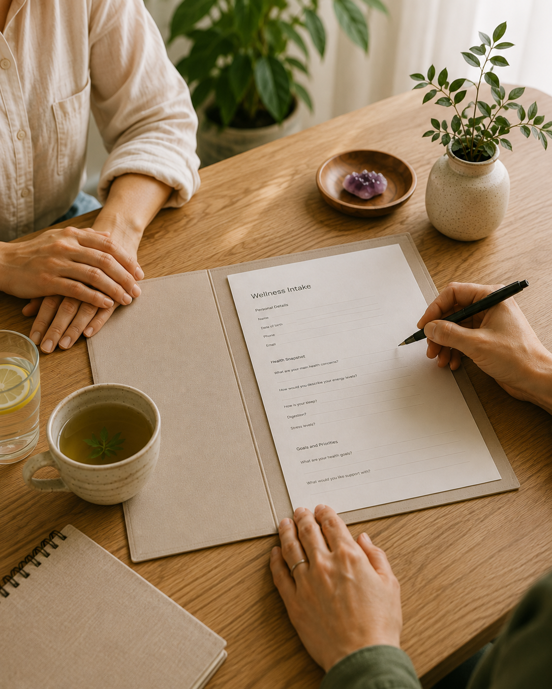 Consultation: One hand on a wooden desk with a pen in hand ready to write on a sheet of paper in a cream coloured folder. On the desk half on the folder sits a full cup of tea in a ceramic cup and next to it is a glass of water with a slice of lemon in it. On the opposite side of the desk sits another person with two hands folded on top of each other resting on top of the desk.