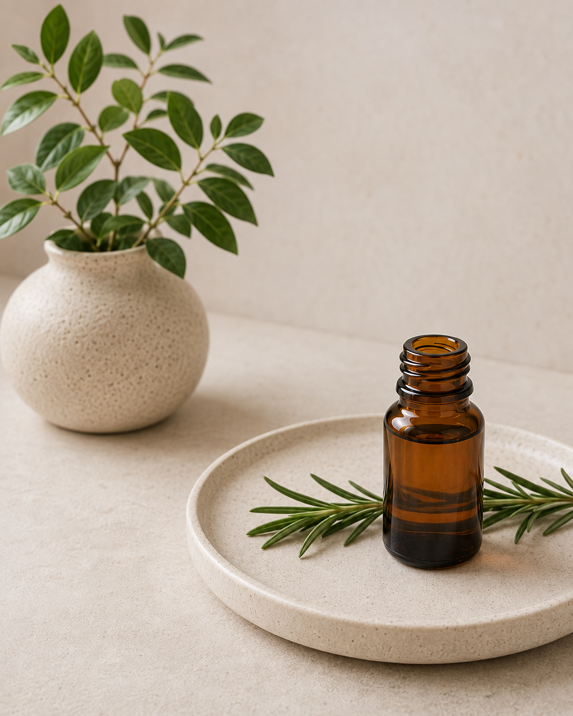 A plate with a leaf and a remedy glass bottle on it, next to it is a vase with leaves.