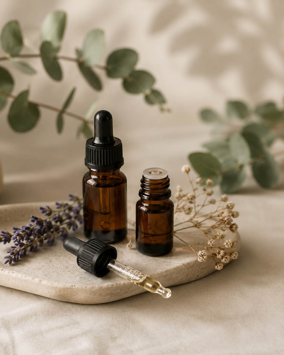 a neutral wall background with a leafy sage green plant and a tray with 2 amber dropper bottles with black lids. 1 bottle with the lid on and one without the lid on and the dropper laying to the side of the bottle